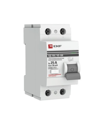 УЗО ВД-100 2P 25А 30мА тип AC эл-мех  PROxima (elcb-2-25-30-em-pro). Выключатель дифференциального тока (УЗО). EKF в Камышине