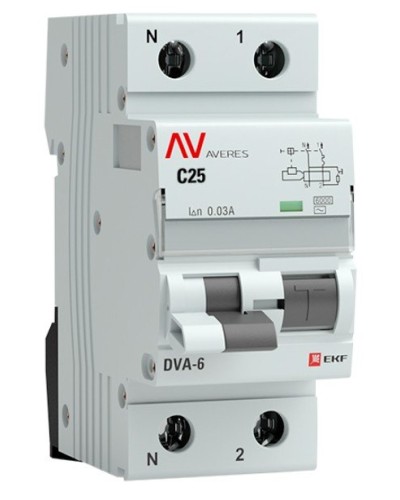 DVA-6 1P+N 25А (C) 30мА (AC) 6кА  AVERES (rcbo6-1pn-25C-30-ac-av). Автоматический выключатель дифференциального тока. EKF в Камышине