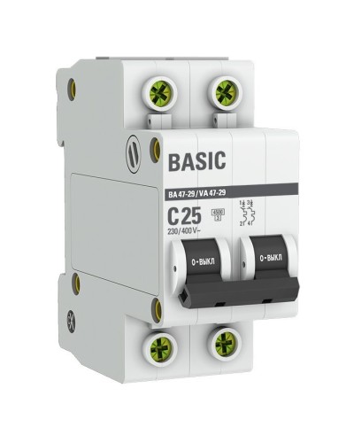 Автоматический выключатель 2P 25А (C) 4,5кА ВА 47-29 Basic (mcb4729-2-25C). Автоматический выключатель. EKF в Камышине