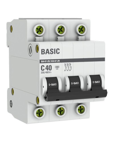 Автоматический выключатель 3P 40А (C) 4,5кА ВА 47-29 Basic (mcb4729-3-40C). Автоматический выключатель. EKF в Камышине