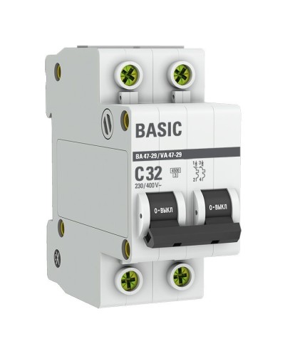Автоматический выключатель 2P 32А (C) 4,5кА ВА 47-29 Basic (mcb4729-2-32C): Автоматический выключатель в Камышине
