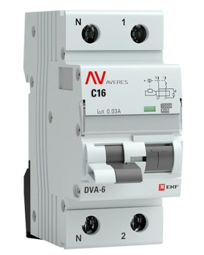 DVA-6 1P+N 16А (C) 30мА (AC) 6кА  AVERES (rcbo6-1pn-16C-30-ac-av). Автоматический выключатель дифференциального тока. EKF в Камышине