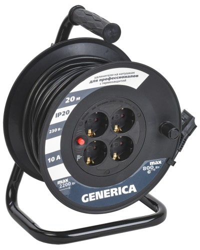 УК20 4 места 2P+PE, 20м GENERICA (WKP10-10-04-20-G). Удлинитель на катушке с термозащитой, 3х1,0кв.мм. IEK в Камышине