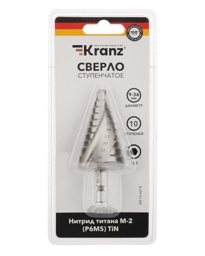 Сверло по металлу ступенчатое ТИТАН 9,0-36,0 мм 110 mm 65 HRC Р6М5 TiN Kranz (KR-12-6614): Сверло по металлу шлифованное в Камышине